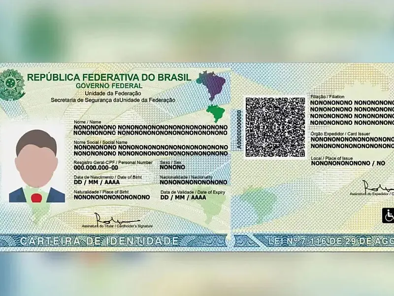 Exemplo da nova Carteira de Identidade Nacional, documento que substitui o RG tradicional em todo o Brasil.