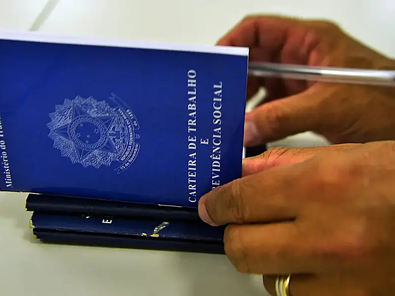 Pessoa assinando carteira de trabalho em referência à criação de empregos formais no Brasil.