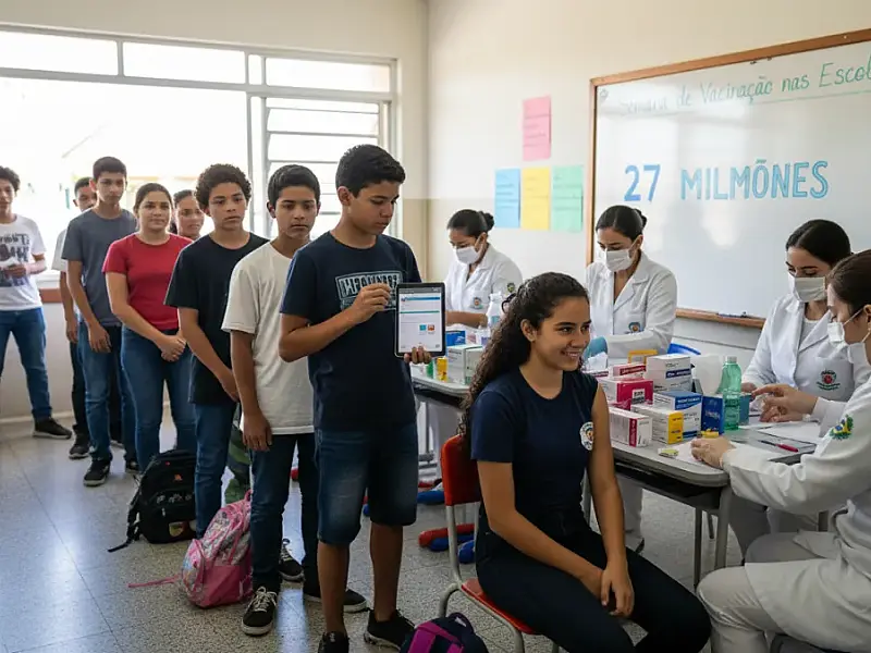 Profissionais de saúde aplicam vacinas em estudantes de escolas públicas durante mobilização nacional.