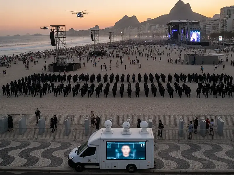 Operação contará com tecnologia de reconhecimento facial e drones para monitorar os 2 milhões de fãs esperados em Copacabana.