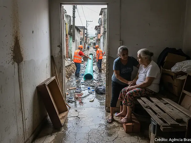 Moradora Cláudia da Costa observa obras de saneamento em frente à sua residência na Maré. Foto: Tânia Rêgo/Agência Brasil