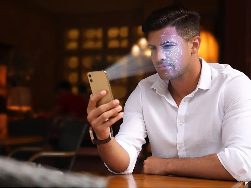 Usuário utiliza reconhecimento facial para desbloquear notebook em ambiente público