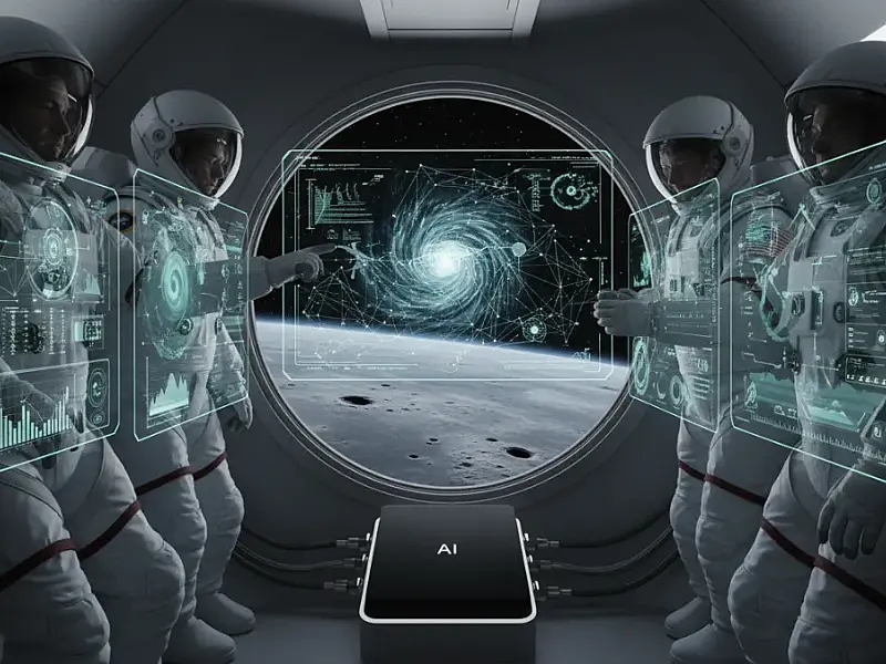 Representação da nave Orion sendo monitorada por sistemas de inteligência artificial durante a órbita lunar.