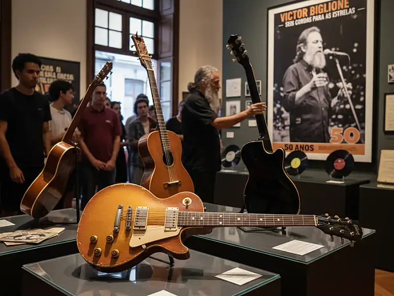Troféus e prêmios do guitarrista Victor Biglione em destaque na nova exposição no Rio de Janeiro.