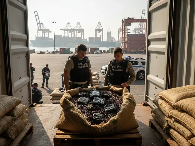 Agentes da Polícia Federal durante a Operação Off-Grade Coffee, que combate o tráfico internacional de drogas no Porto do Rio de Janeiro.