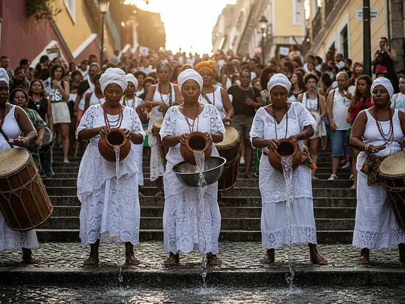 Mulheres do bloco Ilú Obá de Min realizam lavagem ritualística na Escadaria do Bixiga, em São Paulo.