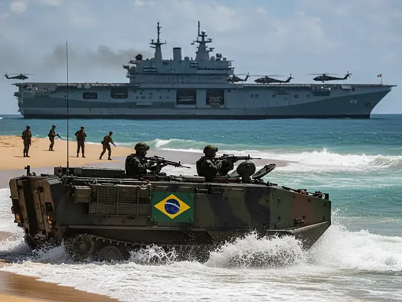 Militares realizam desembarque anfíbio coordenado durante a Missão Jeanne d'Arc 2026 no Rio de Janeiro. Foto: Tomaz Silva/Agência Brasil