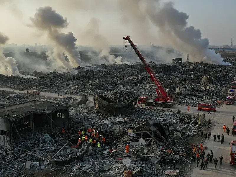 Escombros de fábrica de fogos em Changsha mostram rastro de destruição após explosão fatal.