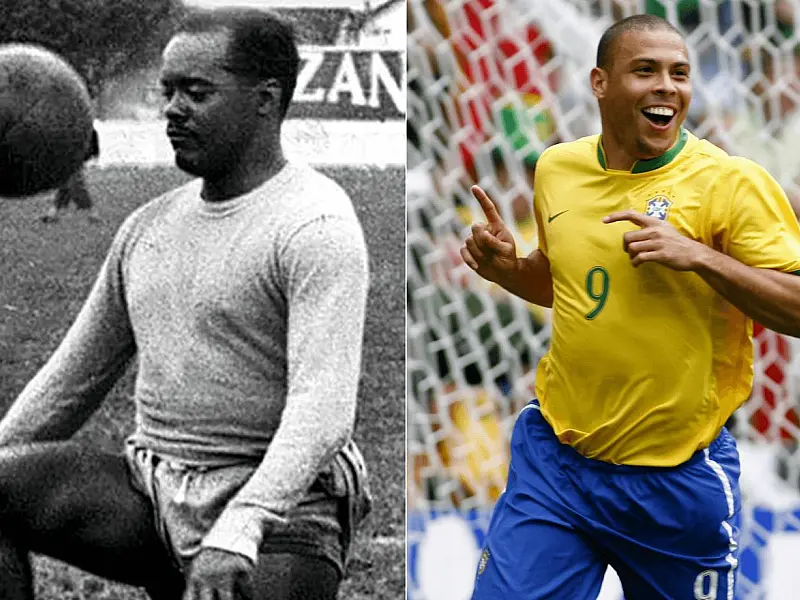 Montagem lado a lado mostrando, à esquerda, uma foto antiga em preto e branco de Leônidas da Silva sorrindo e, à direita, uma foto colorida de Ronaldo Fenômeno comemorando um gol com os braços abertos