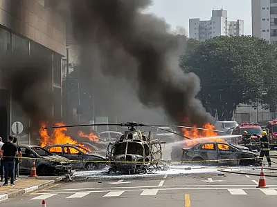 Helicóptero cai sobre garagem de veículos e causa explosões no Recreio dos Bandeirantes