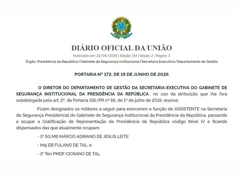 Erro de revisão em documento do GSI insere nomes fictícios em nomeações de militares no Diário Oficial