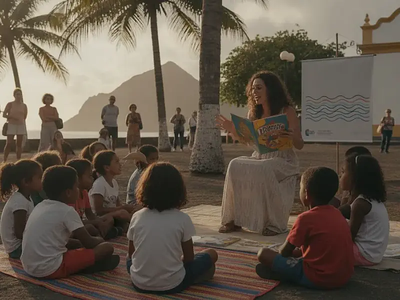 Escritores e moradores se reúnem na Praça São Miguel para o encerramento da Literarte 2026 em Fernando de Noronha.