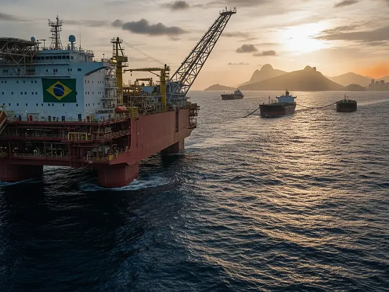 Plataforma de petróleo operando no pré-sal brasileiro, símbolo da nova segurança energética global.