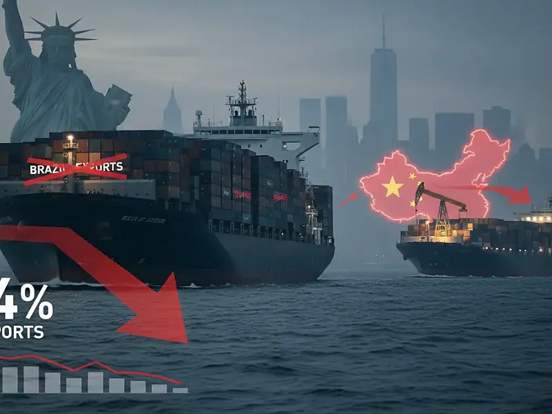 Movimentação de containers em porto brasileiro ilustra as mudanças no fluxo comercial entre Brasil, Estados Unidos e China.