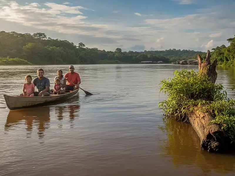Leito de rio na Amazônia voltando a subir após período de estiagem prolongada.