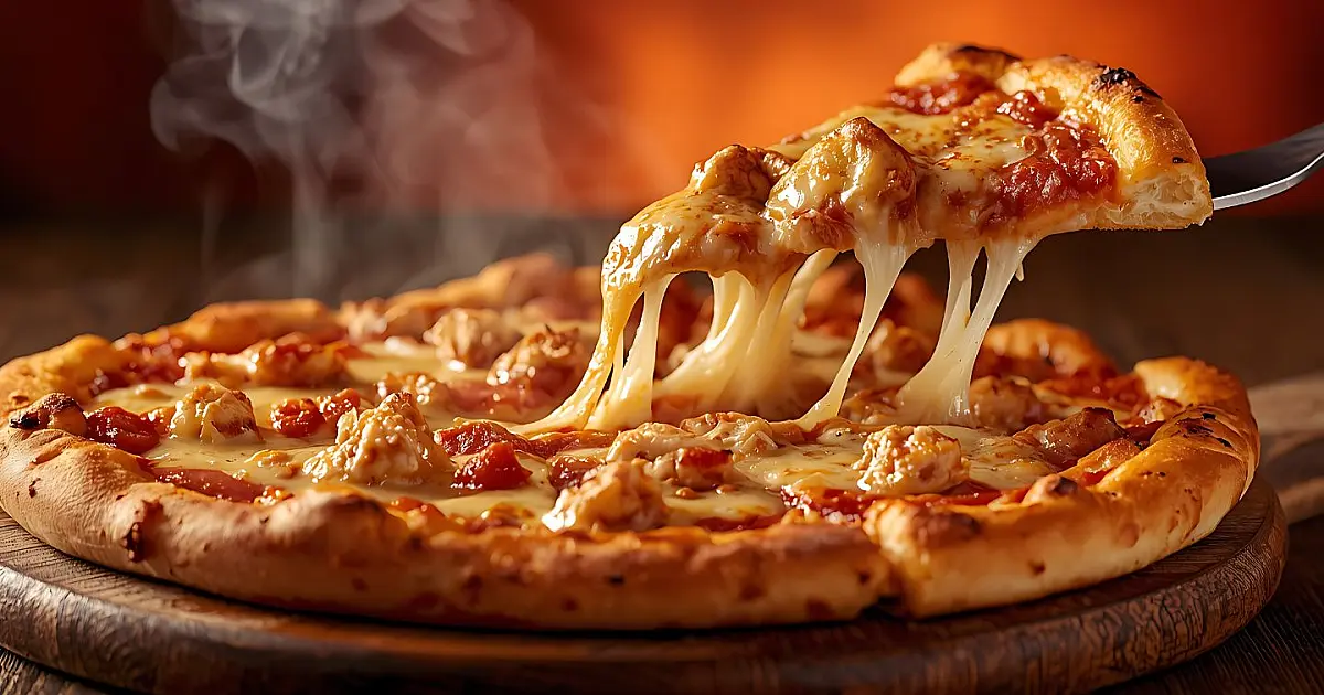 close-up de uma fatia de pizza quente sendo levantada de uma pá de madeira, mostrando o queijo muçarela derretido e esticado, com folhas de manjericão fresco sobre o recheio