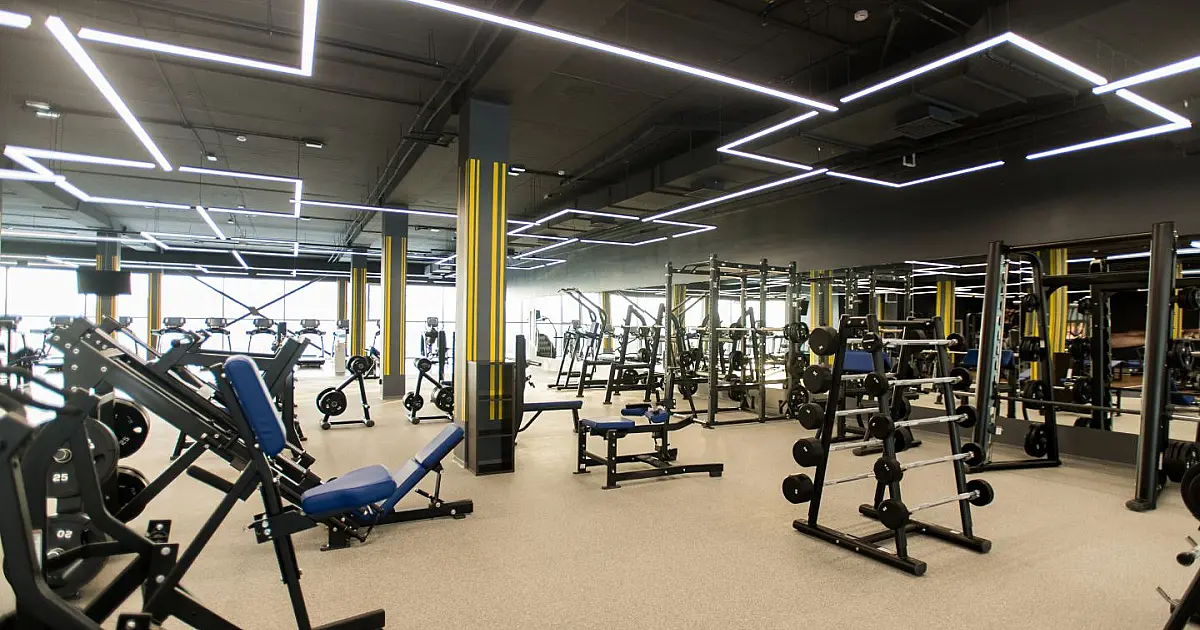 Interior de uma academia de ginástica moderna e bem equipada, com aparelhos de musculação organizados sob iluminação agradável