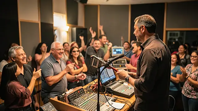 Equipe e convidados da Rádio Nacional FM celebram meio século de transmissões em Brasília.