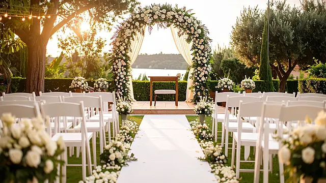 Arco floral decorativo para cerimônia de casamento ao ar livre em ambiente residencial.