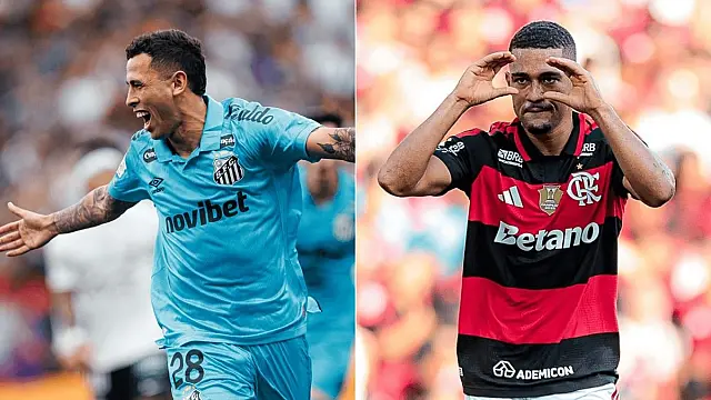 Imagem composta mostrando comemoração dos atletas do Santos e do Flamengo após marcar gols em seus respectivos clássicos.