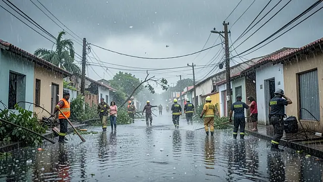 Ruas inundadas e estragos estruturais após fortes chuvas e queda de granizo na Região Sul do Brasil.