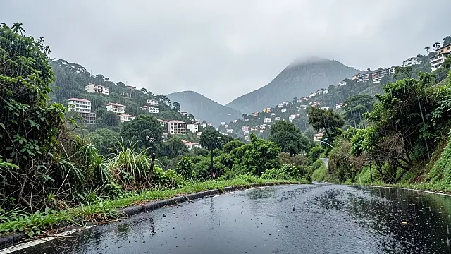 Representação editorial de encostas e áreas urbanas sob chuva no estado do Rio de Janeiro.
