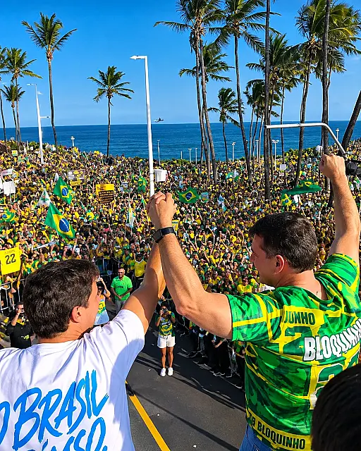 Flávio Bolsonaro reúne aliados em ato de campanha com multidão na orla de Salvador