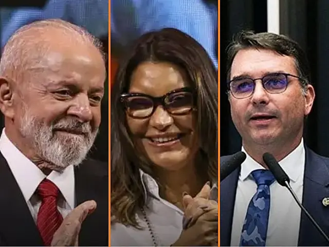 Lula, Janja e Flavio Bolsonaro.